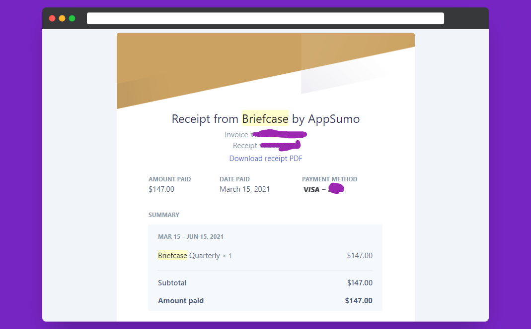 my appsumo briefcase reciept 